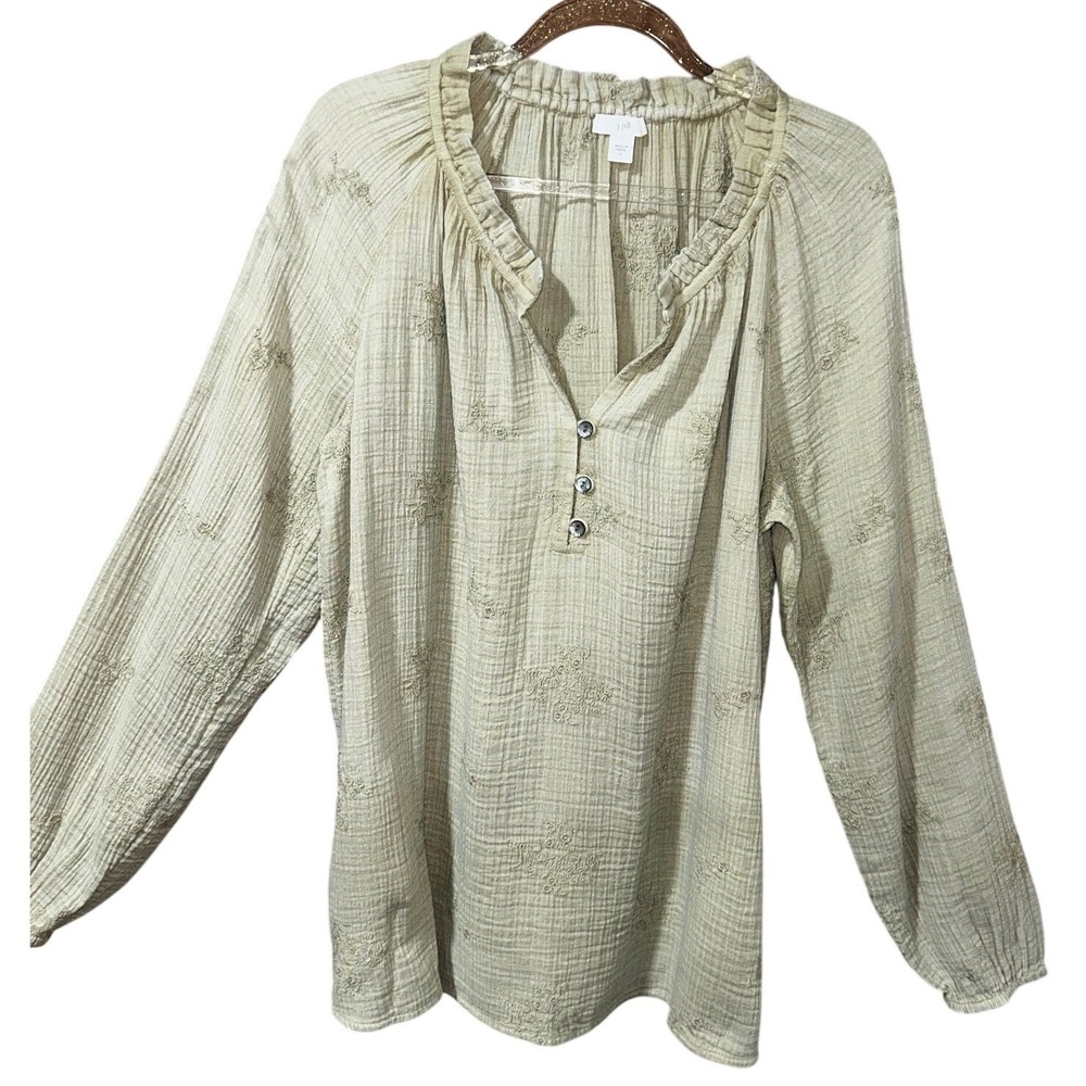 J.Jill Slate Green Embroidered Gauze Henley Blouse Top Small Boho Ruffle Neck